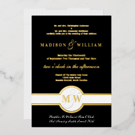 Luxe Monogram Moderne Trouwkaart Zwart en Goud Fol Folie Uitnodiging