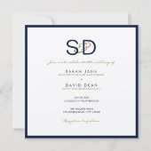 LUXE Monogram Navy Blue & White Wedding Invitation Kaart (Voorkant)