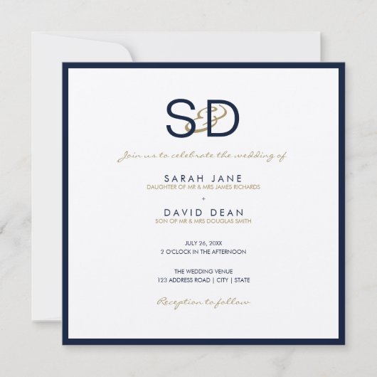 LUXE Monogram Navy Blue & White Wedding Invitation Kaart (Voorkant)