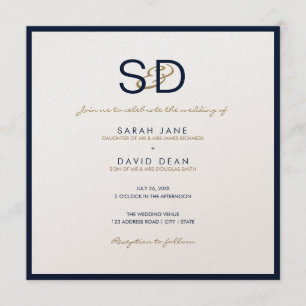 LUXE Monogram Navy Blue & White Wedding Invitation Kaart