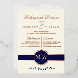 Luxe Monogram Oefenavondeten Navy Rose Goud Folie Uitnodiging
