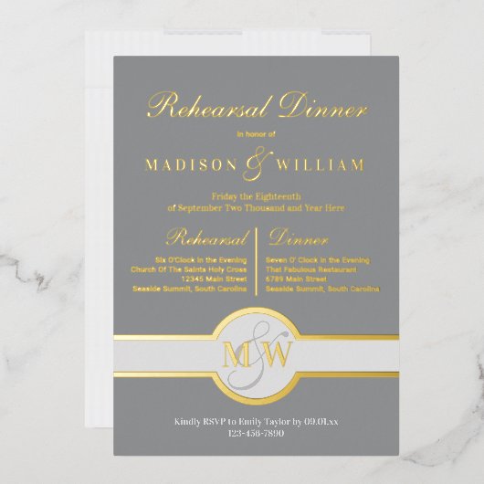 Luxe Monogram Oefendiner Gray En Goud Folie Uitnodiging (Envelop)