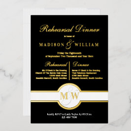 Luxe Monogram Oefendiner Zwarte En Gouden Uitnodig Folie Uitnodiging
