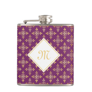 Luxe Monogram Paars en Goud Quatre Bloemmotief Heupfles