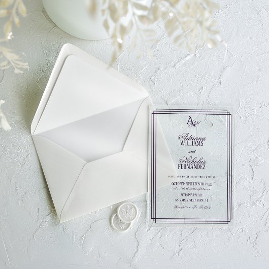 Luxe Monogram Paarse Bruiloft Acryl Uitnodigingen