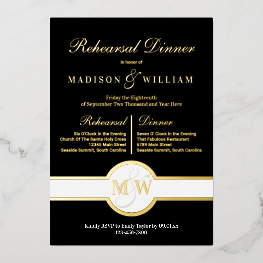 Luxe monogram repetitie Dinner Black en Gold Folie Uitnodiging (Voorkant)