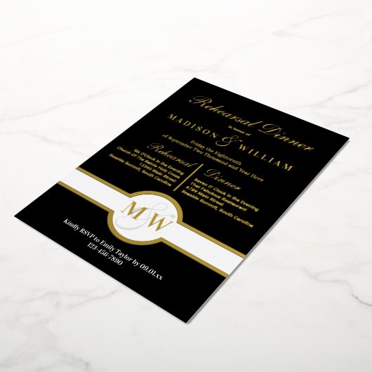 Luxe monogram repetitie Dinner Black en Gold Folie Uitnodiging (Gedraaid)