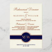 Luxe monogram repetitie Dinner Navy Roos Gold Folie Uitnodiging (Voorkant)