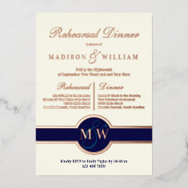 Luxe monogram repetitie Dinner Navy Roos Gold Folie Uitnodiging