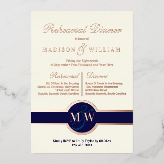 Luxe monogram repetitie Dinner Navy Roos Gold Folie Uitnodiging (Voorkant)