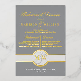 Luxe monogram repetitie: grijs en goud folie uitnodiging