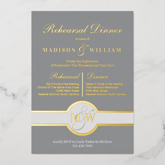 Luxe monogram repetitie: grijs en goud folie uitnodiging (Voorkant)