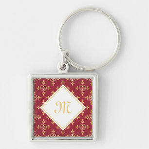 Luxe Monogram Rood en Goud Quatre Bloemmotief Sleutelhanger