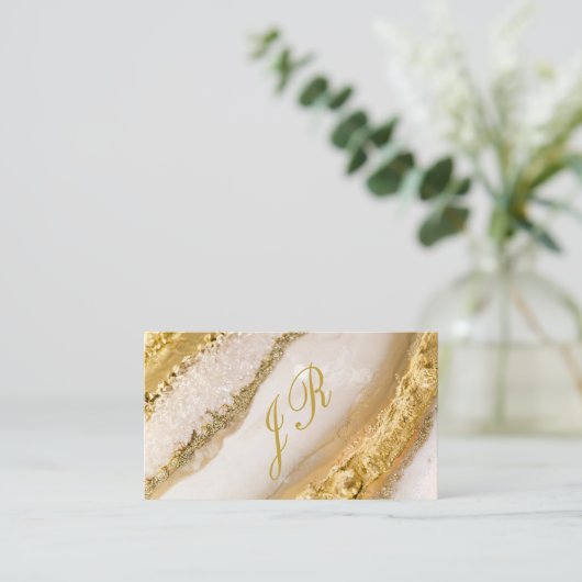 Luxe monogram script gouden marmer visitekaartje (Staand voorkant)