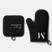 Luxe Monogram Script Zwart Ovenwant & Pannenlap Set (Voorkant)