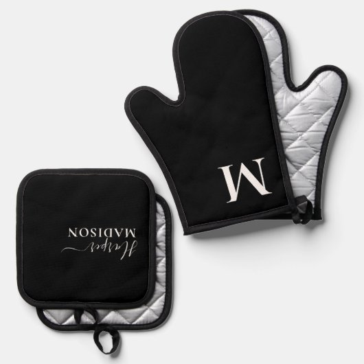 Luxe Monogram Script Zwart Ovenwant & Pannenlap Set (Voorkant / Achterkant)