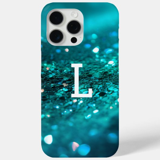 Luxe monogram turquoise glitter Case-Mate iPhone case (Achterkant)