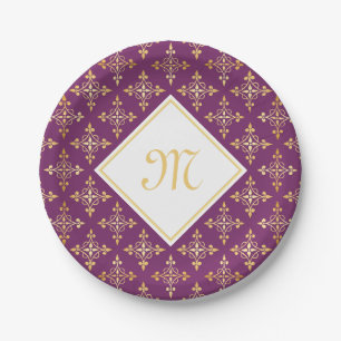 Luxe Monogram Violette en Gouden Quatre Bloem Papieren Bordje