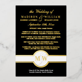 Luxe Monogram Wedding Program Black en Gold Folie Uitnodiging
