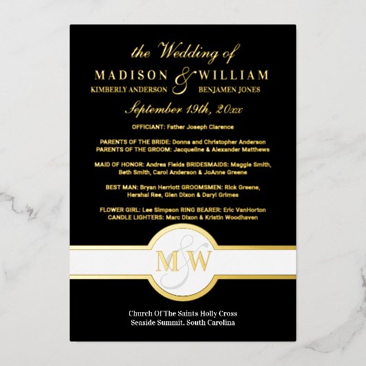 Luxe Monogram Wedding Program Black en Gold Folie Uitnodiging (Voorkant)