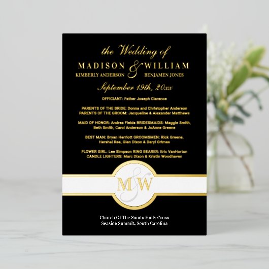 Luxe Monogram Wedding Program Black en Gold Folie Uitnodiging (Staand Voorkant)