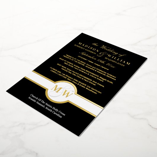 Luxe Monogram Wedding Program Black en Gold Folie Uitnodiging (Gedraaid)