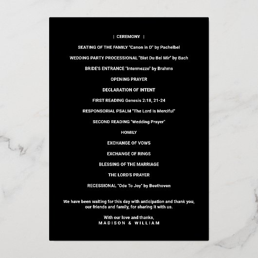 Luxe Monogram Wedding Program Black en Gold Folie Uitnodiging (Achterkant)