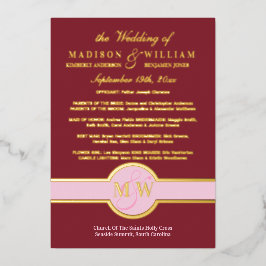 Luxe Monogram Wedding Program Burgundy Gold Folie Uitnodiging