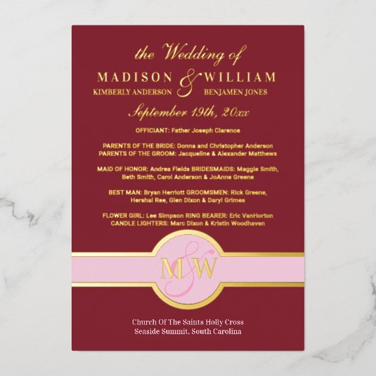 Luxe Monogram Wedding Program Burgundy Gold Folie Uitnodiging (Voorkant)
