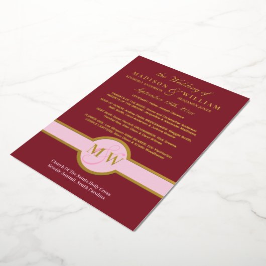 Luxe Monogram Wedding Program Burgundy Gold Folie Uitnodiging (Gedraaid)