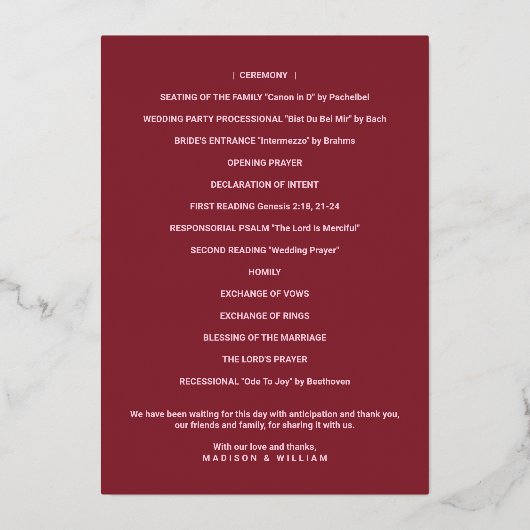 Luxe Monogram Wedding Program Burgundy Gold Folie Uitnodiging (Achterkant)