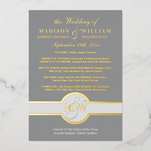 Luxe Monogram Wedding Program Grey and Gold Folie Uitnodiging (Voorkant)