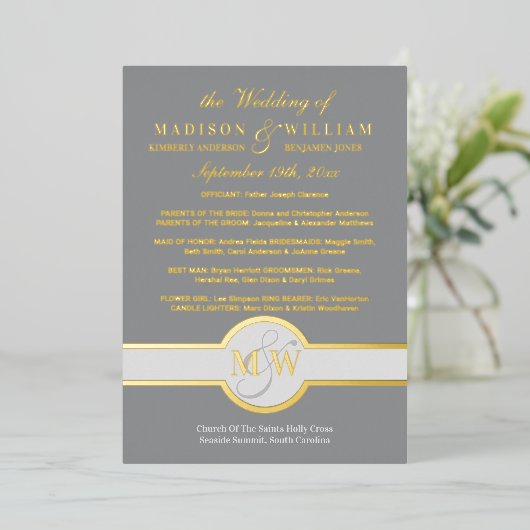 Luxe Monogram Wedding Program Grey and Gold Folie Uitnodiging (Staand Voorkant)