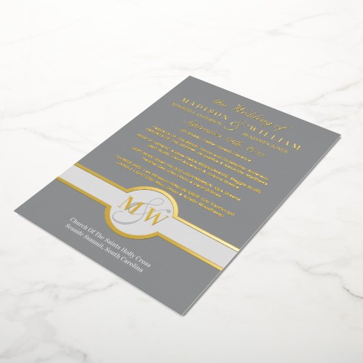 Luxe Monogram Wedding Program Grey and Gold Folie Uitnodiging (Gedraaid)