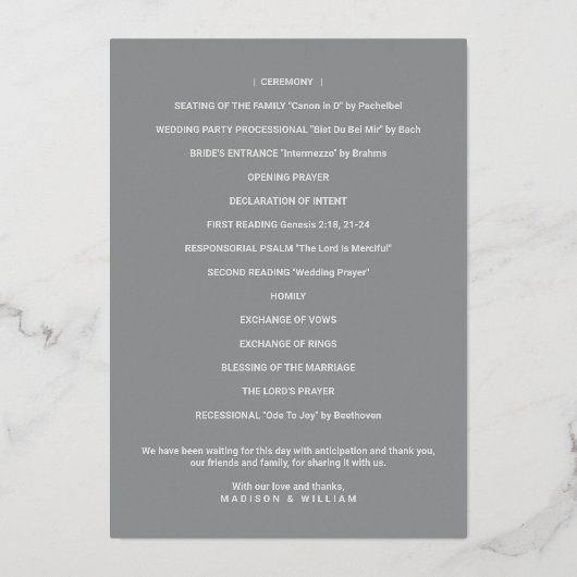 Luxe Monogram Wedding Program Grey and Gold Folie Uitnodiging (Achterkant)
