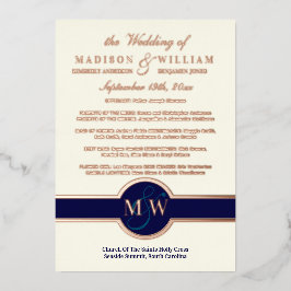Luxe Monogram Wedding Program Navy Roos Gold Folie Uitnodiging