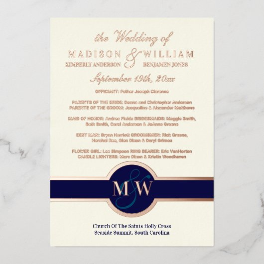 Luxe Monogram Wedding Program Navy Roos Gold Folie Uitnodiging (Voorkant)
