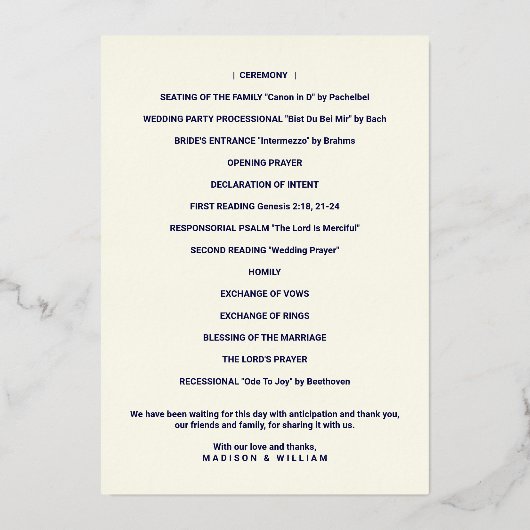 Luxe Monogram Wedding Program Navy Roos Gold Folie Uitnodiging (Achterkant)