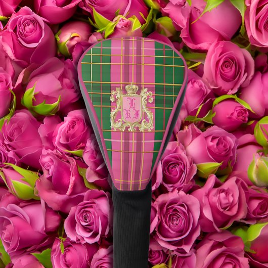 Luxe Monogrammed Roze en Groen Plaid Driver Golfheadcover