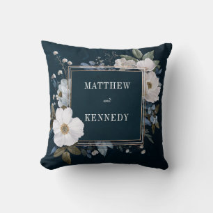 Luxe Moody Indigo Blauw Witte Bloemen Gouden Lijst Kussen