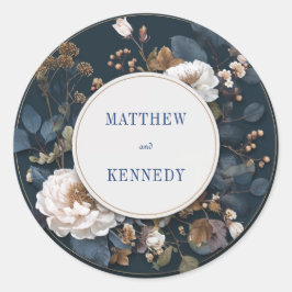 Luxe Moody Navy Goud Witte Pioen Huwelijk Ronde Sticker