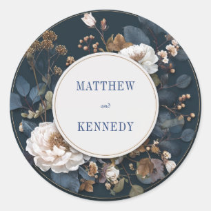 Luxe Moody Navy Goud Witte Pioen Huwelijk Ronde Sticker