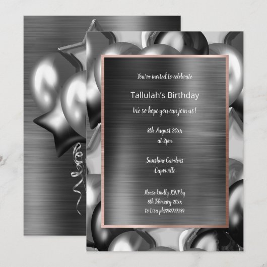 LUXE MOODY ZWARTE METALLIC BALLOON INVITATIE KAART (Voorkant / Achterkant)