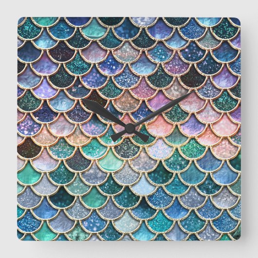 Luxe multicolor Glitter Mermaid Scales Vierkante Klok (Voorkant)