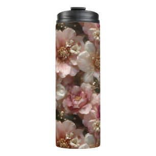 Luxe Naadloze Bloemen Patroon met Gouden Parels Thermosbeker