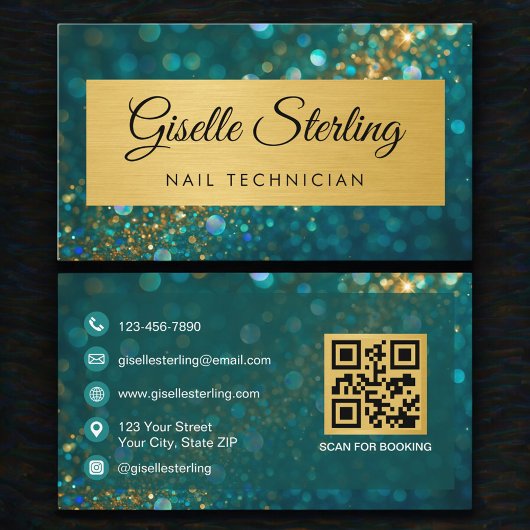 Luxe nageltechnicus goud turquoise glitters QR-cod Visitekaartje