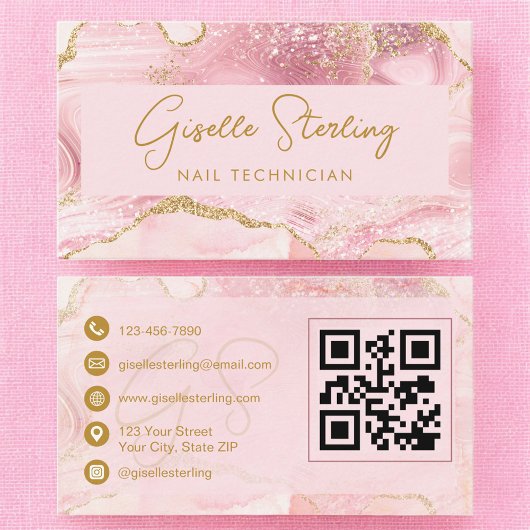 Luxe Nail Technician Blush Pink Gold Agate QR Code Visitekaartje