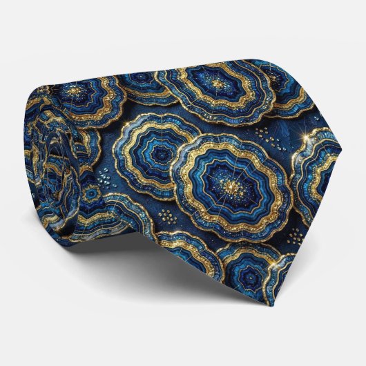Luxe namaakzijde | Navyblauw + gouden geode halsdo Stropdas (Opgerold)
