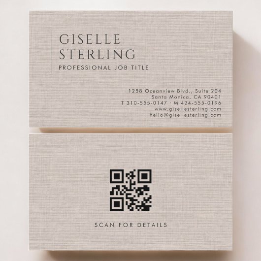 Luxe Natuurlijk Bruine Linnen QR-code Visitekaartje