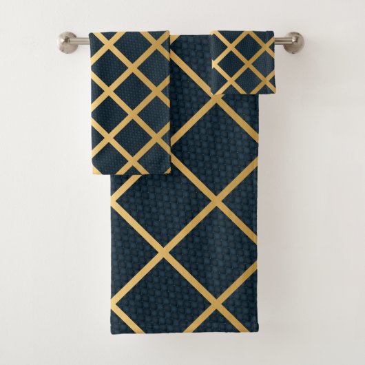 LUXE NAVY ABSTRACT GOLD GRID BATH TOWEL SET BAD HANDDOEK (Insitu)